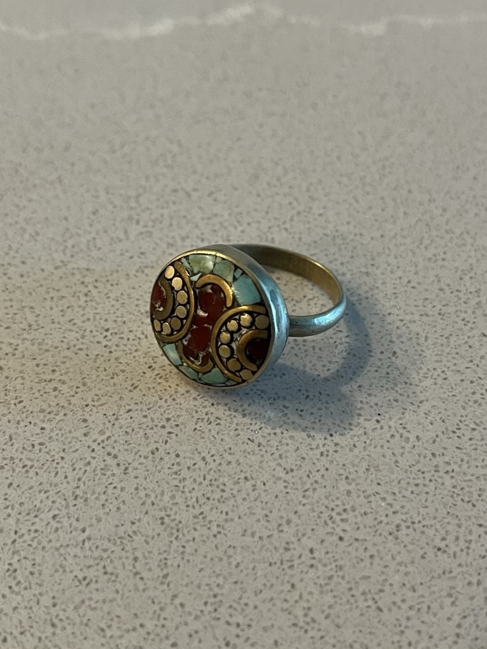 Stone inlay brass ring from India, red, blue, gold, statement piece, handmade